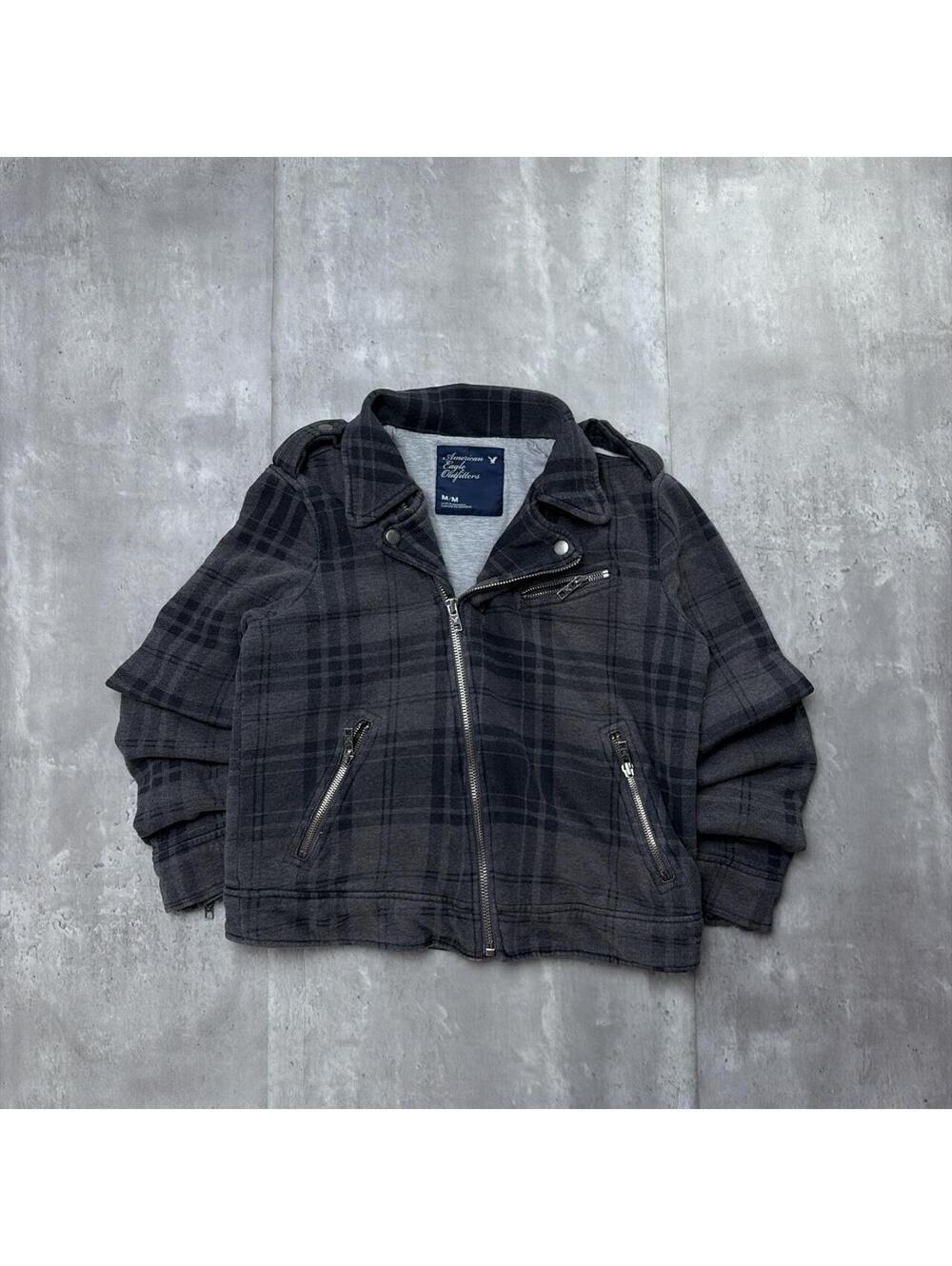 Y2K Gray American Eagle Grunge Plaid Wool Jacket